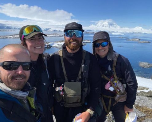 Darren Roberts, Victoria Hermanson, Ricky Robbins and Megan Roberts are based at Palmer Station conducting seabird research. – Photo by Megan Cimino