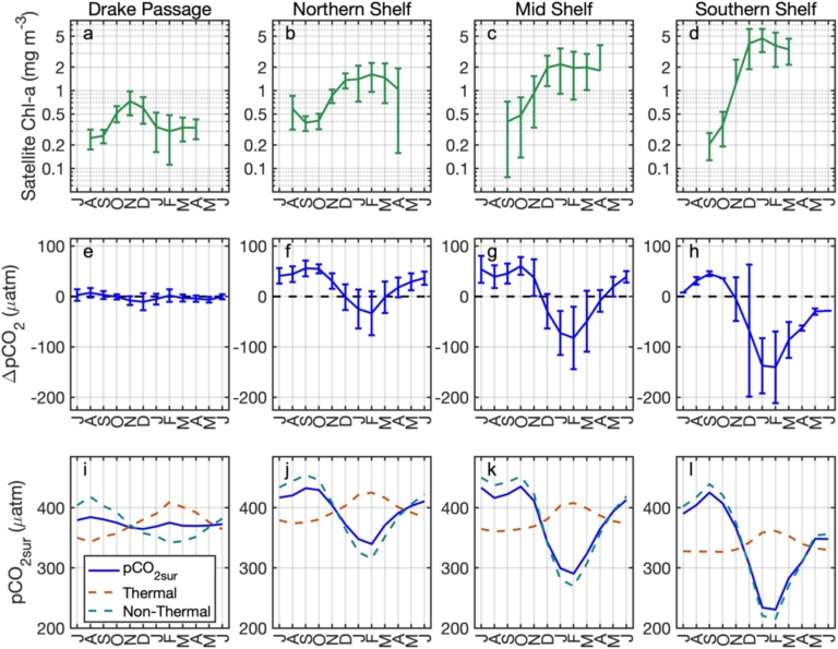 Seasonal cycles of Chl‐a, ΔpCO2, and pCO2sur from 2000–2020 for the Drake Passage, Northern Shelf, Mid Shelf, and Southern Shelf subregions.